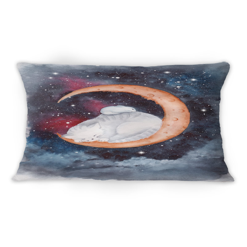 Un chat et une souris dormant sur le croissant de lune - Coussin décoratif traditionnel imprimé 1