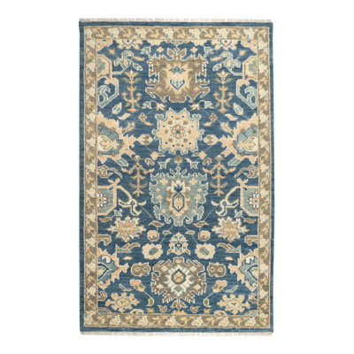 Camille Hand Knotted Wool Floral Area Rug in Navy/Beige