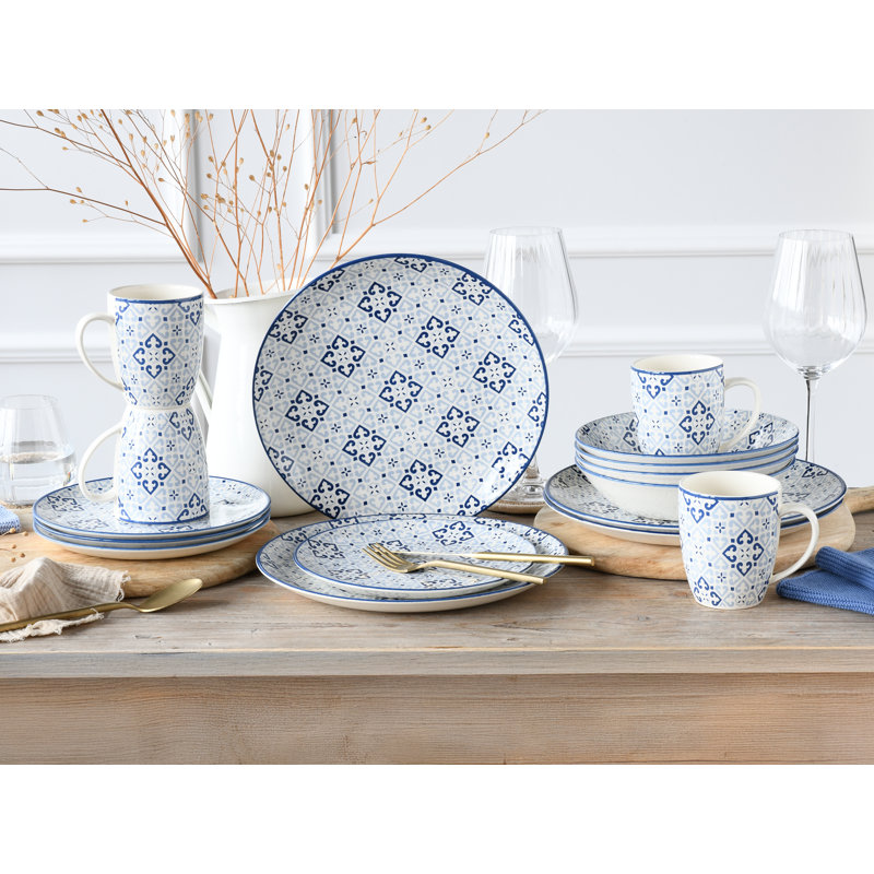 Yara Dinnerware Set 16 Piece - Service for 4, Blue/White