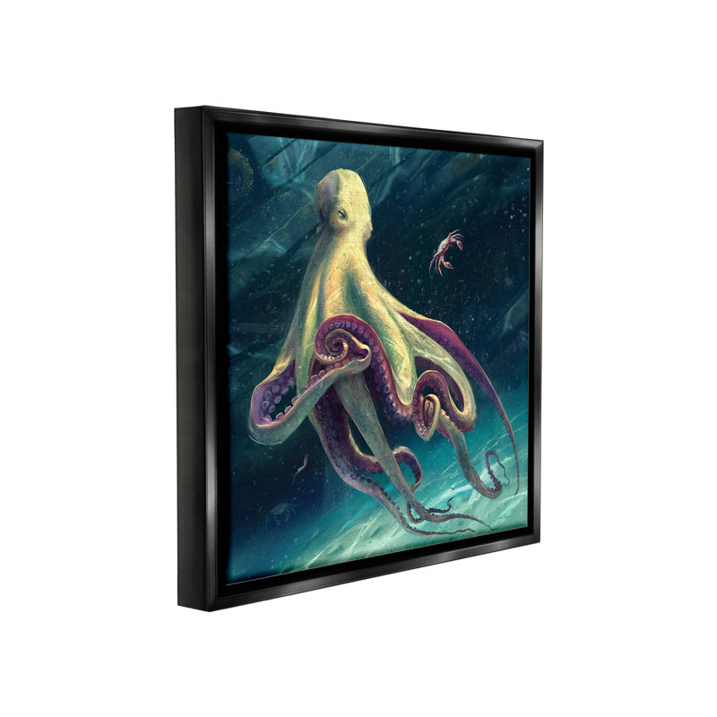 «Deep Water Octopus», art mural encadré flottant sur toile dorée, H 18 po x l 18 po, Cadre flottant noir de jais