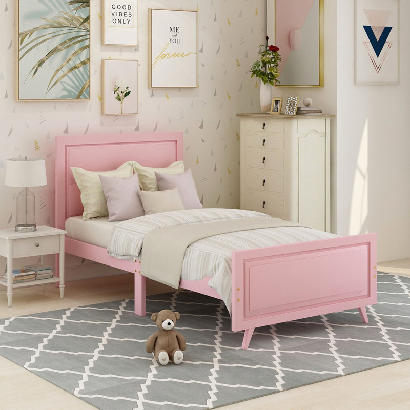 Lit plateforme en bois avec tête et pied de lit, Rose