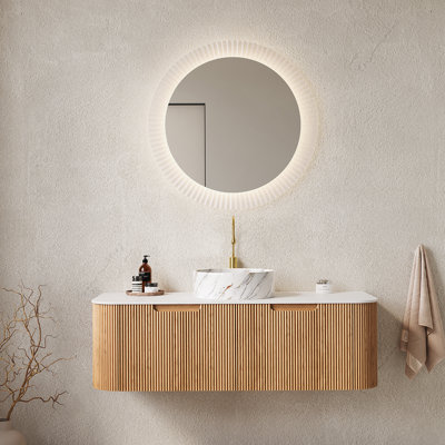 Meuble-lavabo mural 48 po avec bords courbés, 2 tiroirs, lavabo en céramique blanche et finition grain de bois naturel