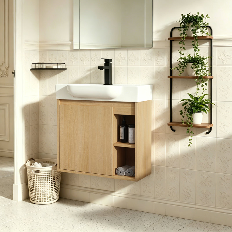 Meuble-lavabo mural 24 po avec lavabo en céramique blanche et porte à fermeture en douceur, emballage KD, chêne clair, 24"