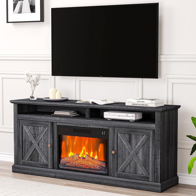 Black Farmhouse MDF and Metal TV Stand with Fireplace