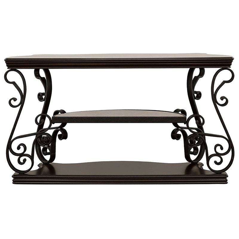 Console à 2 tablettes avec placage en bois foncé, placage de cerisier et métal pour la présentation des canapés dans les couloirs