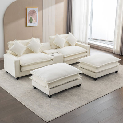 Chenille Upholstered Sectional Sofa with Removable Ottomans, USB Ports, Cup Holders, and Large Storage for Modern Living Rooms