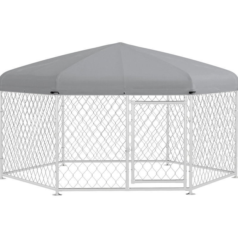 Chenil d'extérieur pour chiens - 6,9 pi x 6,1 pi 4,9 pi, porte verrouillable, imperméable, grands chiens, toit argenté