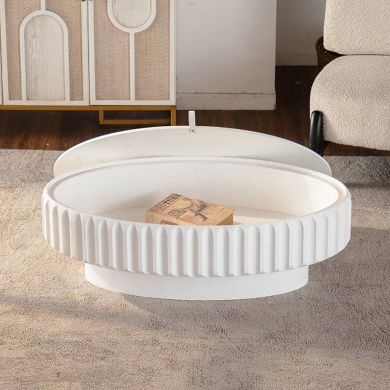 Table de rangement cannelée blanc crème avec couvercle amovible, design rond et ovale, à poser au sol pour les chambres, rangement ouvert, construction moderne, profondeur 112 cm, idéale pour les espaces de vie, montage rapide et facile