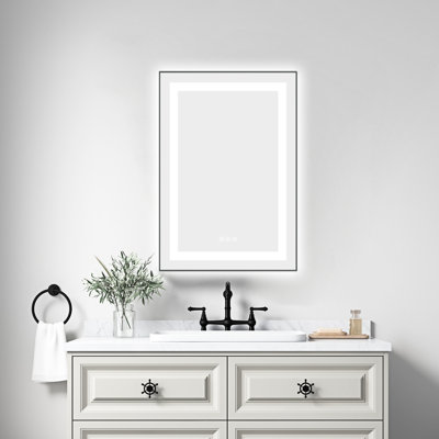 Miroir mural 20 po x 30 po avec brouillard, 3 températures de couleur, cadre en aluminium, avant et rétroéclairé, mémoire de forme, meuble-lavabo à intensité variable en bois de frêne