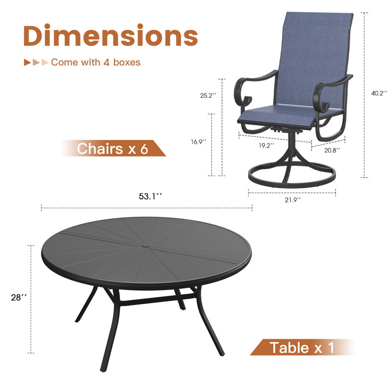 Aluminum Patio Dining Set with 53" Aluminum Round Dining Table and 6 PVC-coated polyester Swivel Chairs, Black/Blue