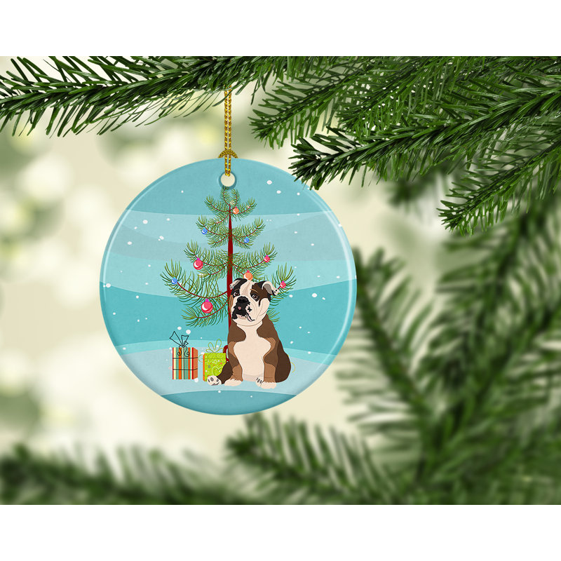 Ornement en céramique de Noël bouledogue anglais brun clair en céramique, Bouledogue anglais brun clair chocolat