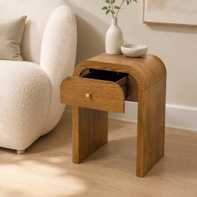 Table de chevet en bois courbé avec tiroir et plateau arrondi, Brun