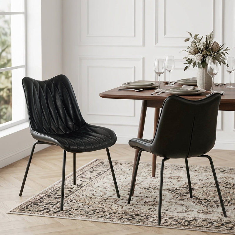 Set of 4 Mid-Century Modern Dining Chairs, Waterproof Faux Leather Side Chairs with Metal Legs, Black, Black, 4