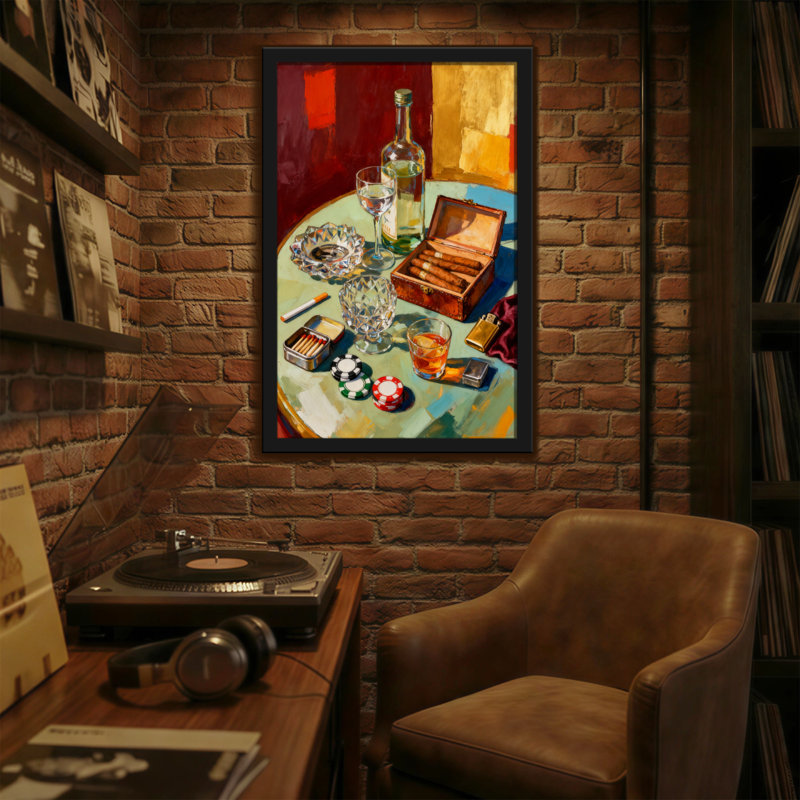 Nature morte abstraite avec cigares et boissons, H 36 po x l 24 po