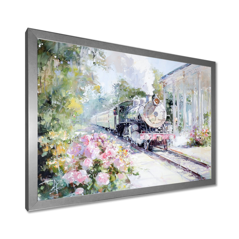 Trains, scène amusante de jardin excentrique II - train, art mural, H 30 po x l 40 po, Argent argent