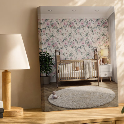 Toile Une scène de chambre de bébé sereine avec un lit de bébé classique en bois avec art mural Un doux matelas blanc orné d'une couverture en tricot