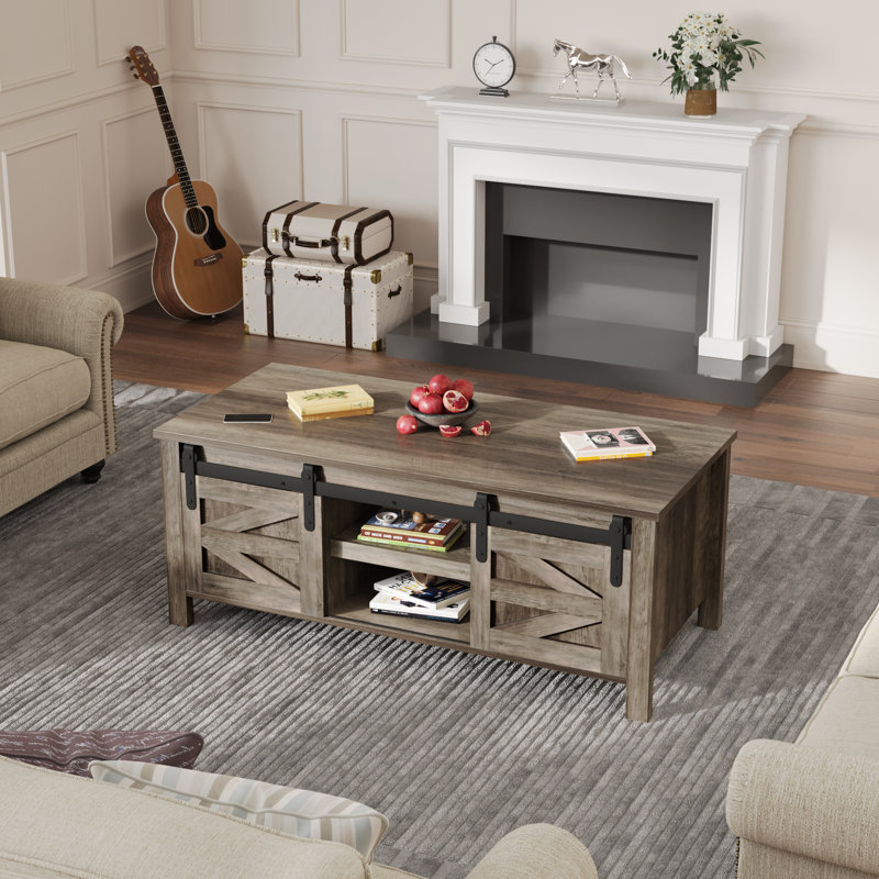 Esben 47.2'' Long Coffee Table with 2 Sliding Doors and 3 Hidden Storage Compartments, Weathered Gray Top/Weathered Gray Base