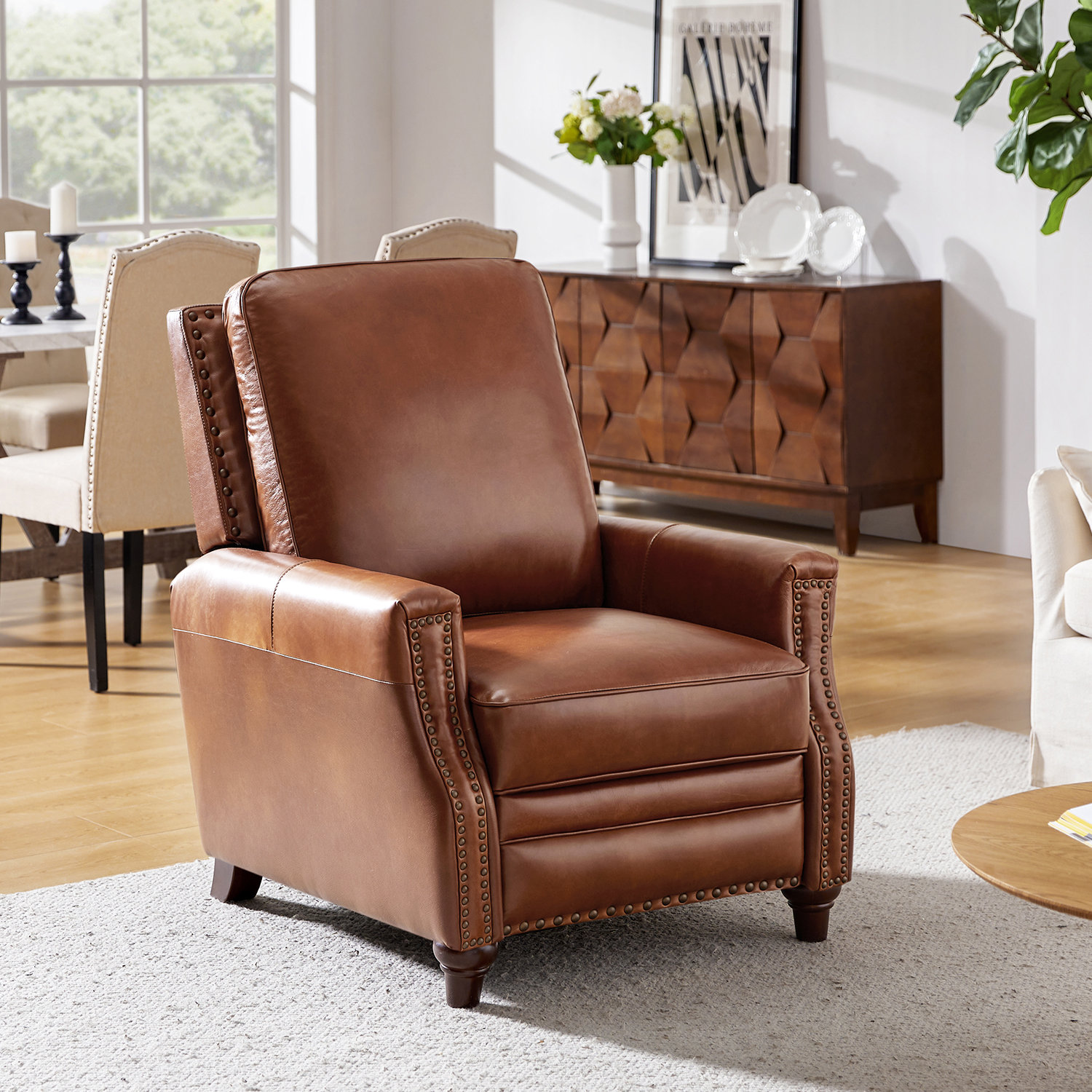 Andrena 33" Genuine Leather Manual Recliner, Saddle Genuine Leather