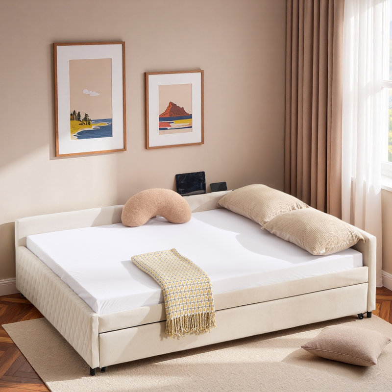Upholstered Daybed With Trundle And Usb, Beige