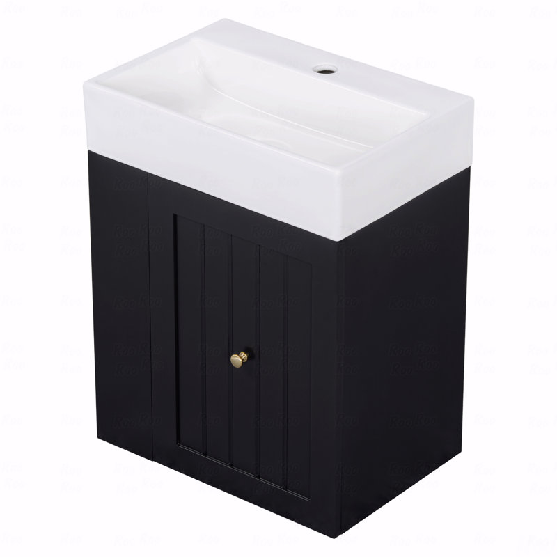 Meuble-lavabo de 20 po avec lavabo en céramique, armoire de rangement en MDF avec tiroir, tablette latérale et poignée dorée - Meuble-lavabo moderne peu encombrant