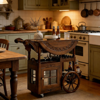 27.95" Modern Retro Hand-Pushed Solid Wood Double-Layer Storage Cart For Home Use, Mobile Living Room Serving Cart | Full Oak Solid Wood Material, Easy To Move