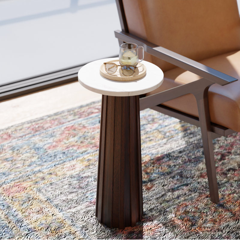  Solid Wood Marble-Top Round Drink Table -Pedestal Base in Walnut, No Assembly, Small Accent/Martini Table - Ma’gro