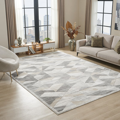 Zhenya Gray Beige Triangle Geometric Area Rug