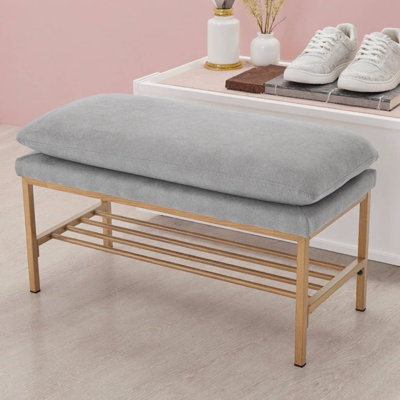 Banc rembourré en lin 32 po avec tablette de rangement ouverte, pieds en métal, capacité de 300 lb, chambre à coucher moderne et entrée