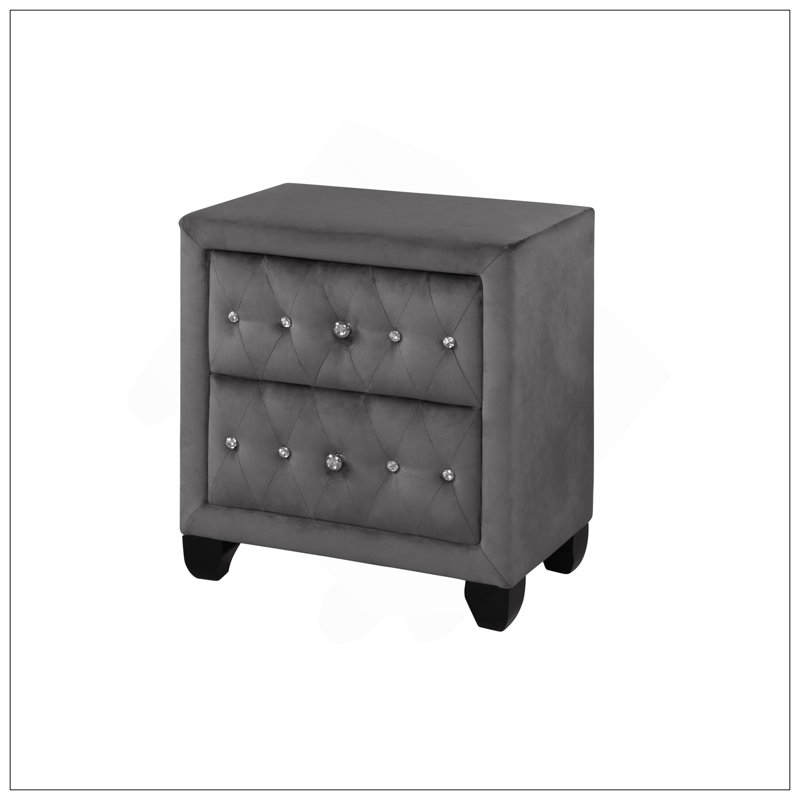 Table de chevet moderne à 2 tiroirs en velours gris capitonnée de style moderne, parfaite pour le rangement élégant et fonctionnel d'une chambre à coucher.