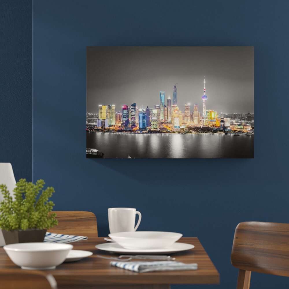 Leinwandbild „Shanghai Skyline bei Nacht", Grafikdruck