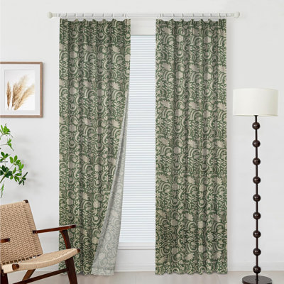 Green Floral Handmade Block Printed Thick Linen Blackout Pinch Pleat Curtain Panel for Living Room and Bedroom, Room Darkening Boho Farmhouse Curtains & Drapes