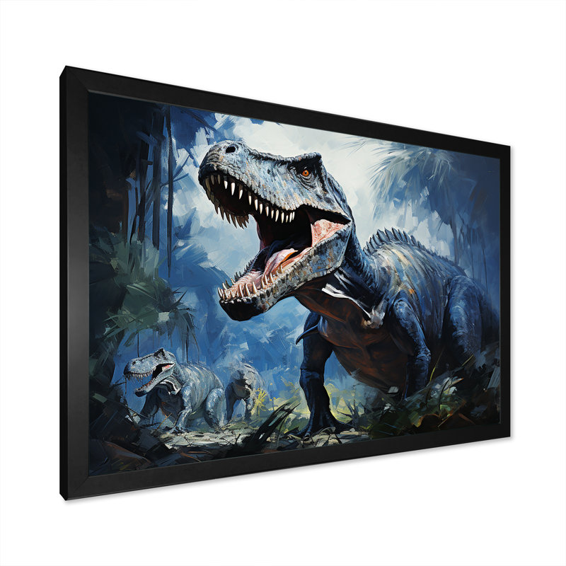 Ancien dinosaure bleu et gris I - art de mur de dinosaure, Cadre d'angle fermé noir, H 16 po x l 32 po x P 1 po