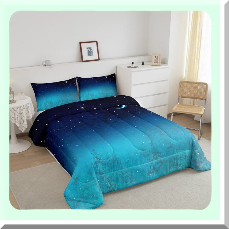 Starry Sky Dreamer Bedding Set - Full Size 3 Piece Galaxy Comforter Set with Moon and Stars Design, Soft Reversible Duvet Insert and 2 Pillow Shams in Navy Blue Gradient. Perfect for a Kawaii Aesthetic Bedroom!