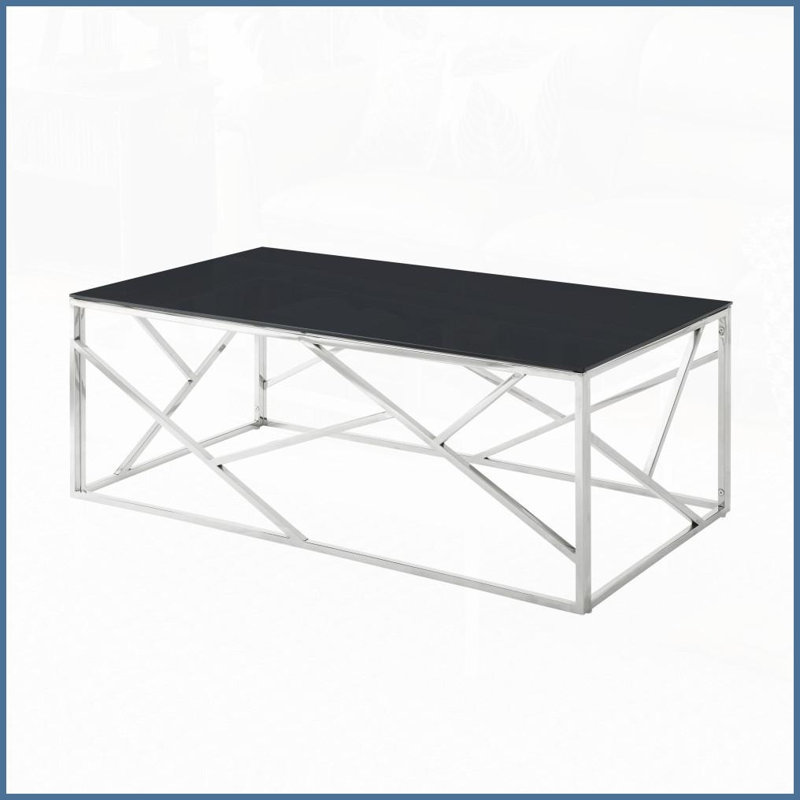 Table basse en acier inoxydable poli chromé avec plateau en verre noir pour le salon de la chambre à coucher, facile à nettoyer et amp; Moderne