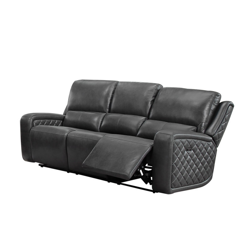 Drew Upholstered 86'' Power Reclining Sofa, Gray Genuine Leather