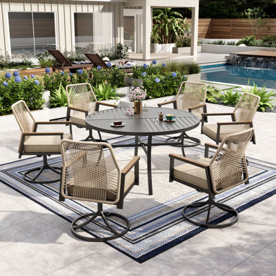 Kerrie Round Outdoor Dining Set With Swivel Chairs & Cushions