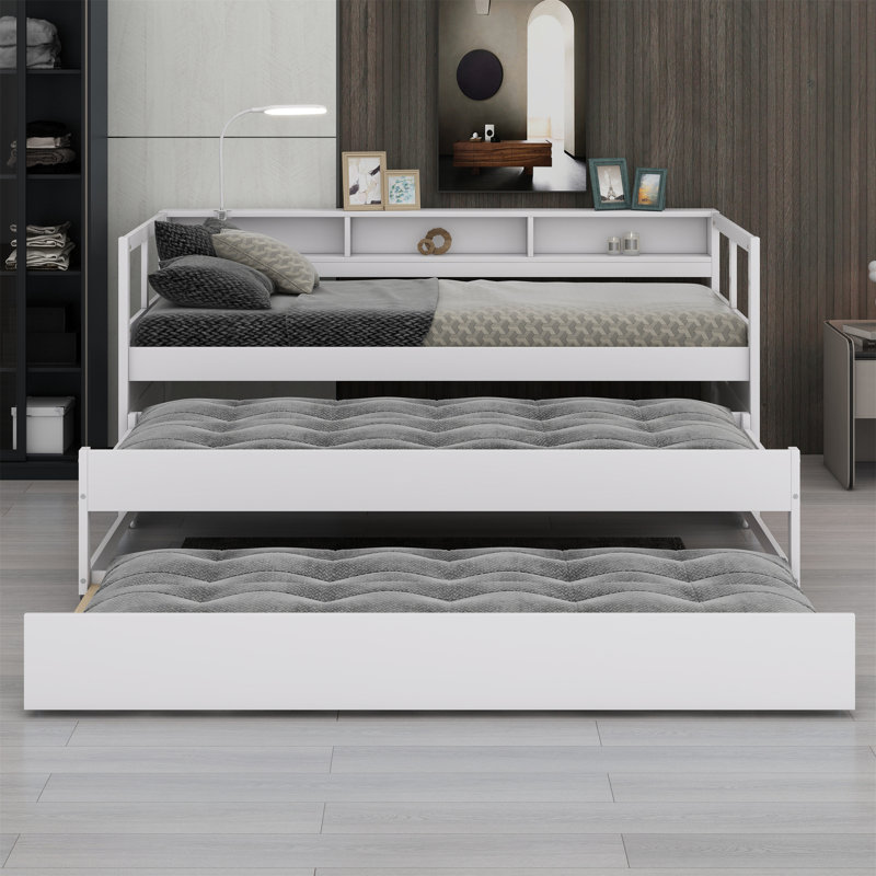 Wood Daybed With 2 Trundles, 3 Storage Shelves, 1 Light For Free And USB Charging, White