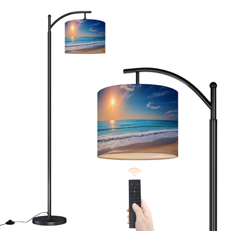 Lampe sur pied à arc avec abat-jour ajustable paysage marin soleil bleu ciel Lampe sur pied 3 températures de couleur à haut gradateur avec interrupteur au pied pour la chambre à coucher