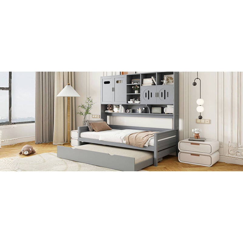 Twin Size Daybed With Grey Wooden Body, Trundle And Handy Cabinet Solution Practical Shelf - Long-Lasting Build, Twin