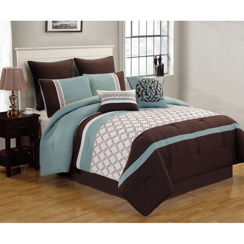 Blue/Brown/Ivory Reversible 8 Piece Comforter Set, King Comforter + 7 Additional Pieces