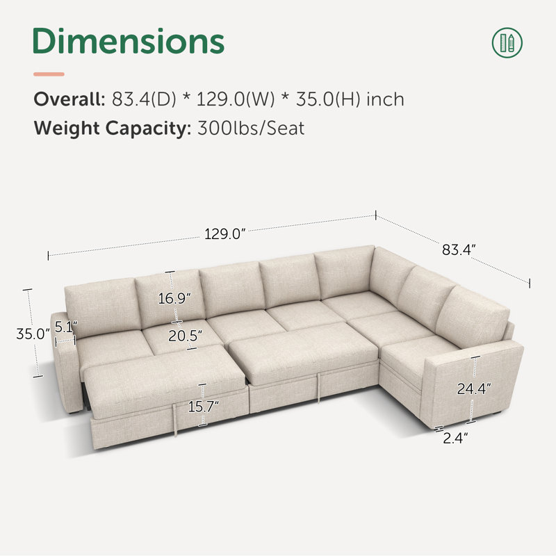 Caren L-shaped Sleeper Sectional Modular Sofa Bed With Storage Seat, Beige Polyester