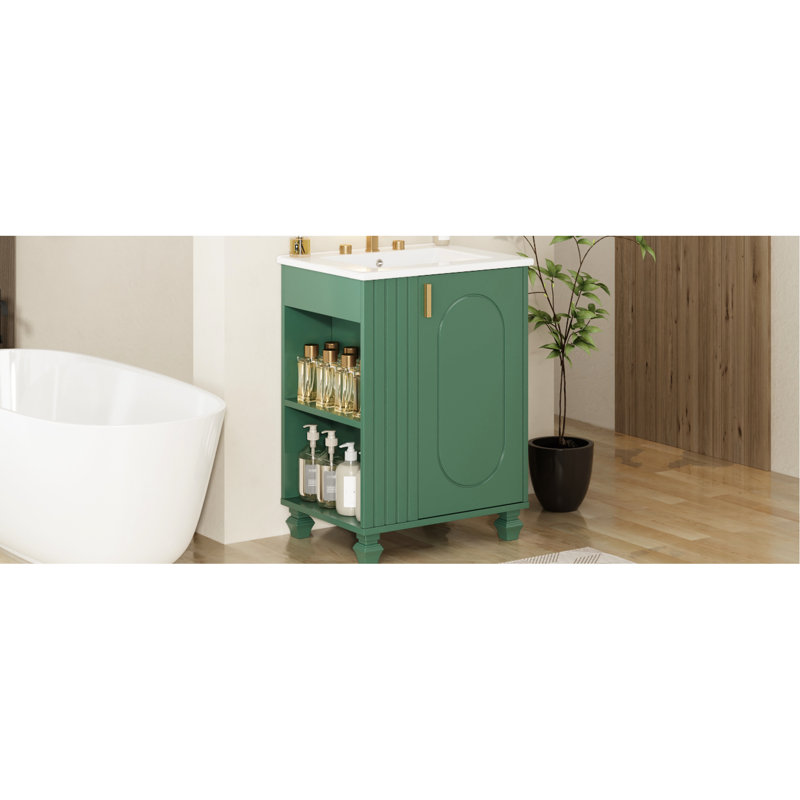 Meuble-lavabo de 24 pouces avec lavabo facile à nettoyer, porte à fermeture douce, rangement latéral ouvert, pieds en bois massif compatibles avec robinet de 8 po, armoire