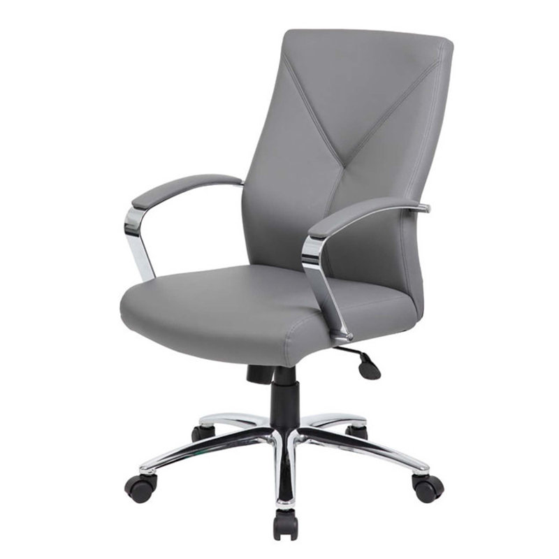 Roe Executive Swivel Chair, High Back Gray Faux Leather, Chrome Metal, Gray