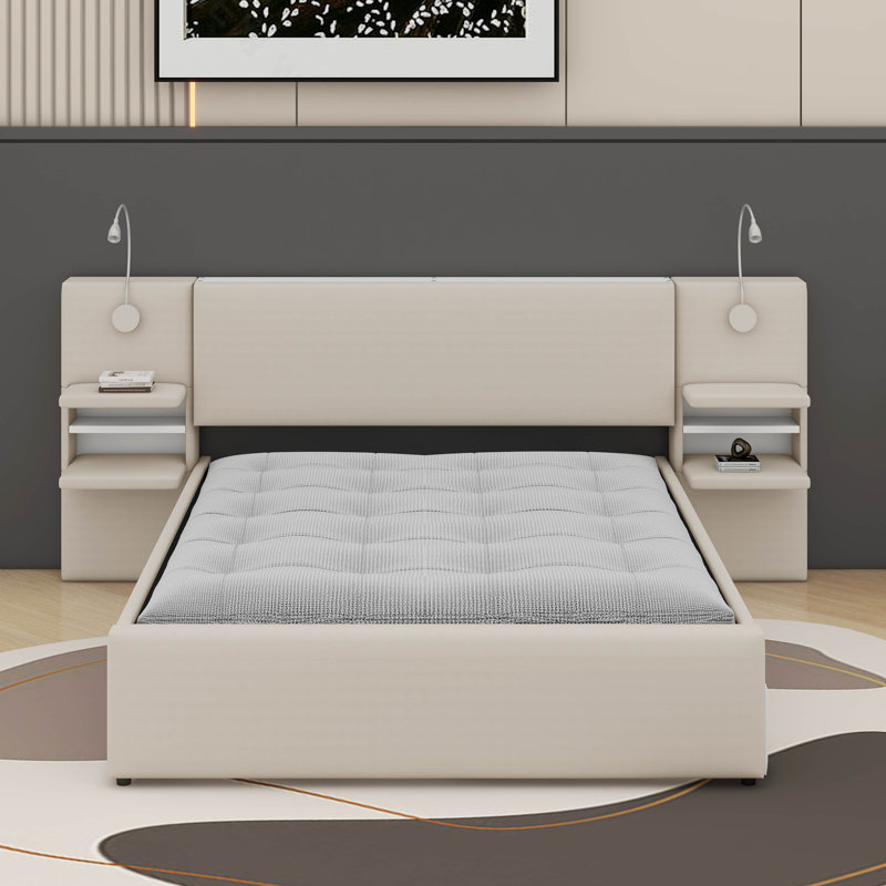 Grand lit plateforme tapissier avec lumières, lit gigogne et tablettes, Beige