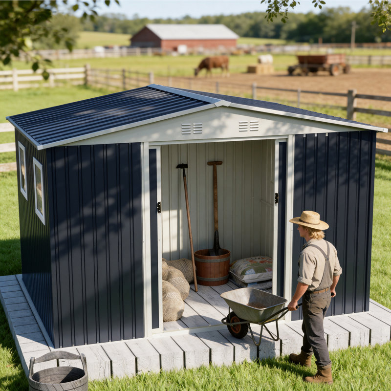 10x8 FT Large Outdoor Storage Shed with 4 Windows, Gray