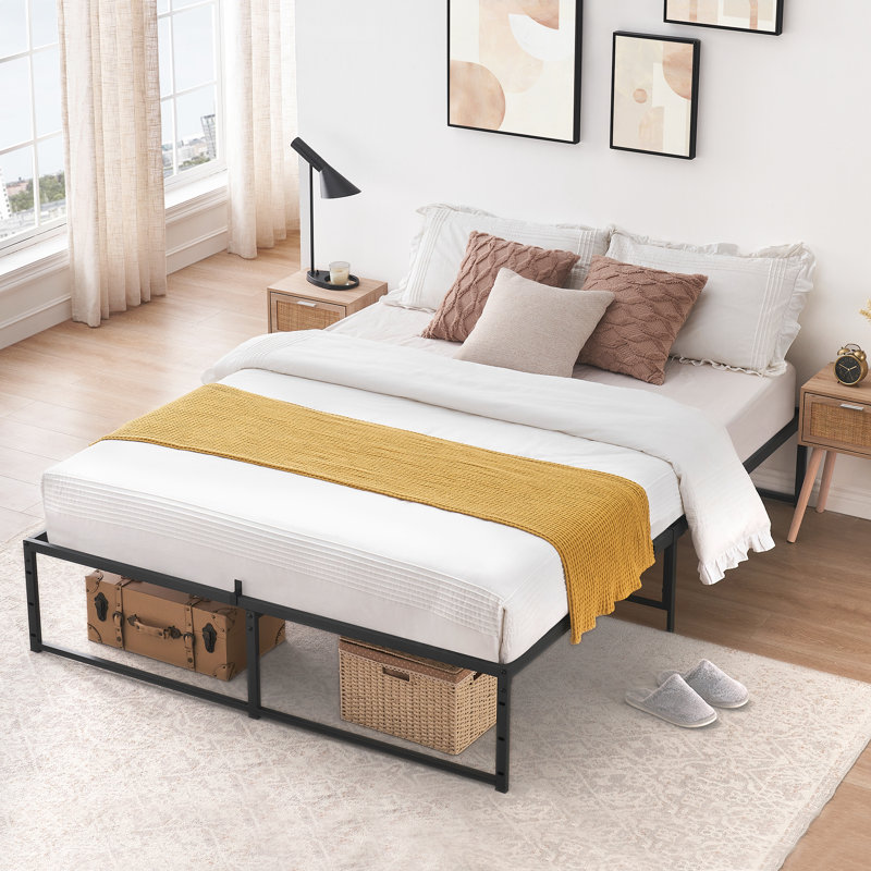 Sturdy 3-in-1 Steel Support Metal Bed Frame – Queen Size, 14 Inch High Platform, Heavy Duty Foundation, Large Underbed Storage, Noise-Free, No Box Spring Needed, Easy Assembly, Black 