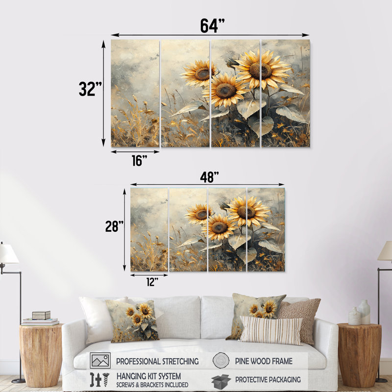 Champ de tournesols d'hiver dans la campagne III - Art - Pour le salon, H 32 po x l 64 po, 4