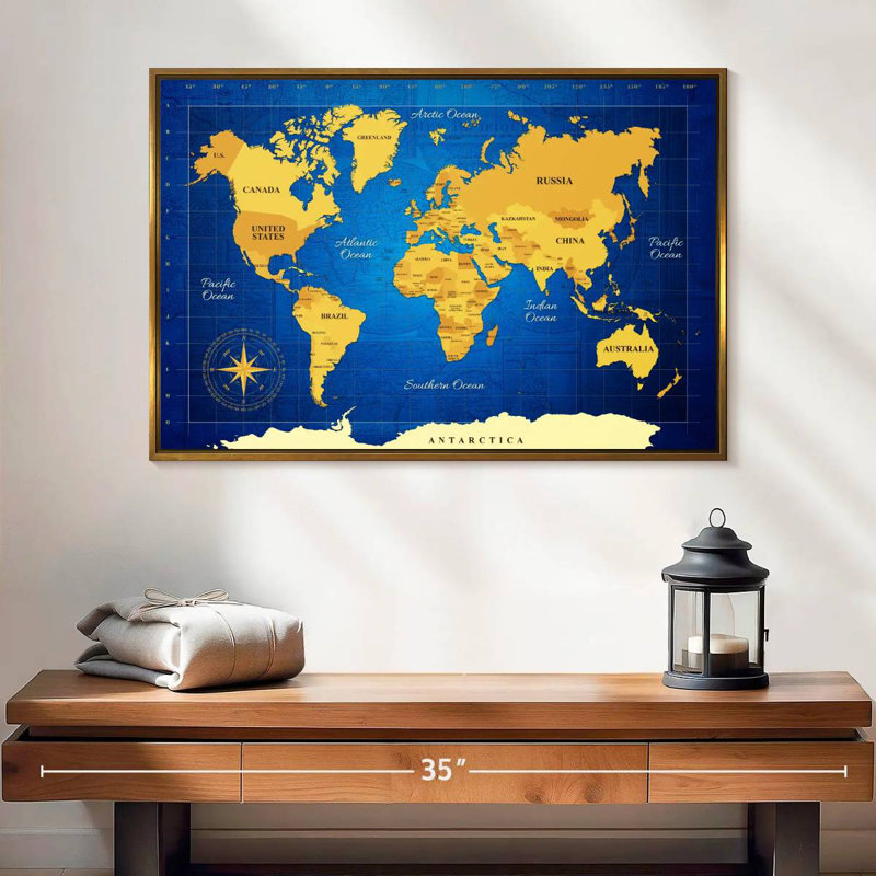 Carte du monde jaune, 25 po x 17 po, Cadre flottant doré