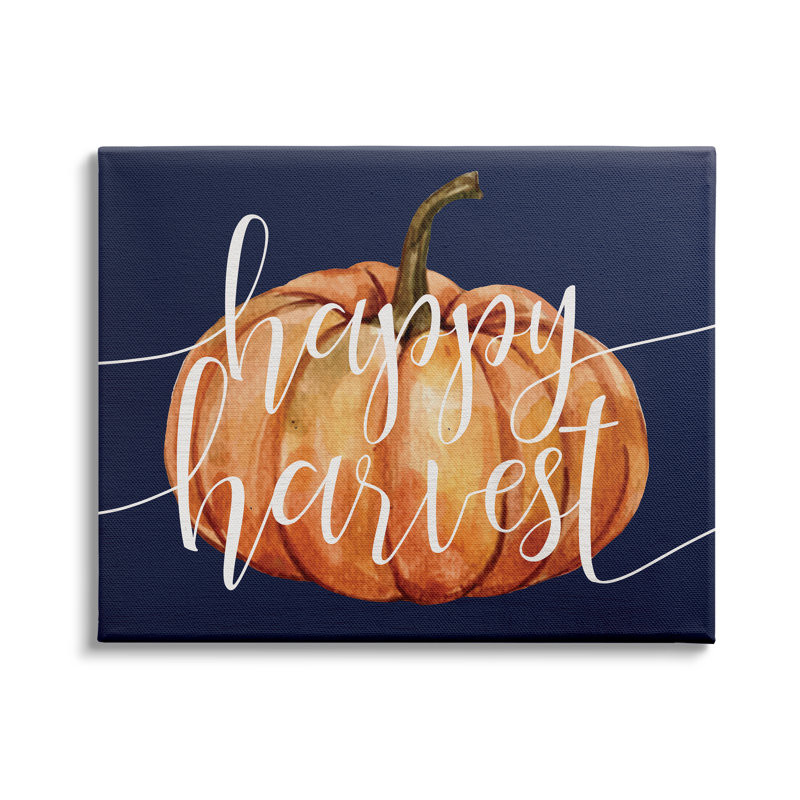 «Happy Harvest Expression Orange Pumpkin Over Blue» par - Art textuel, H 24 po x l 30 po, Plaque murale