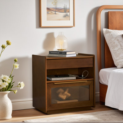 Table de chevet Mid-Century avec chargement USB - Table de bout Farmhouse avec tiroir en verre